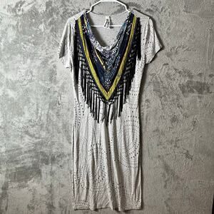 DESIGUAL Melange Scarf Neck Printed Sheath Dress Grey Stretch Large Art Boho